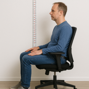 Een man in een blauwe trui en spijkerbroek zit rechtop op een zwarte bureaustoel naast een lengtemeter en demonstreert de ideale zithoogte voor lengte. Hij kijkt opzij, voeten plat op de vloer, handen rustend op zijn benen.