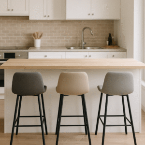 Een moderne keuken met een licht houten eiland op de juiste hoogte voor een barstoel, drie grijze en taupe barkrukken, witte kasten, een roestvrijstalen spoelbak en een beige tegelachterwand. De ruimte is licht en minimalistisch.