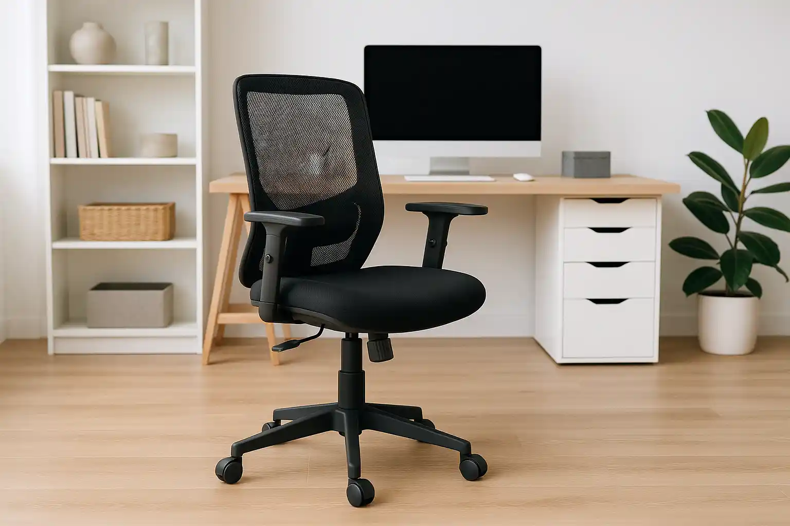 Een zwarte ergonomische bureaustoel-de meest verkochte bureaustoel met armleuningen staat voor een houten bureau met een computer, in een moderne, minimalistische setting van een thuiskantoor met planken en decor op de achtergrond.