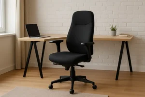 Een moderne zwarte bureaustoel, die de prijs van een goede bureaustoel weerspiegelt, staat voor een houten bureau met een laptop, twee boeken en een kleine potplant in een minimalistische kamer met een witte bakstenen muur en lichte houten vloeren.