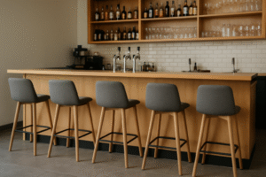 Een moderne bar met standaard barhoogte, vier grijze beklede krukken, een houten toonbank, bierkranen, planken met drankflessen en rijen glaswerk tegen een witte tegelwand.