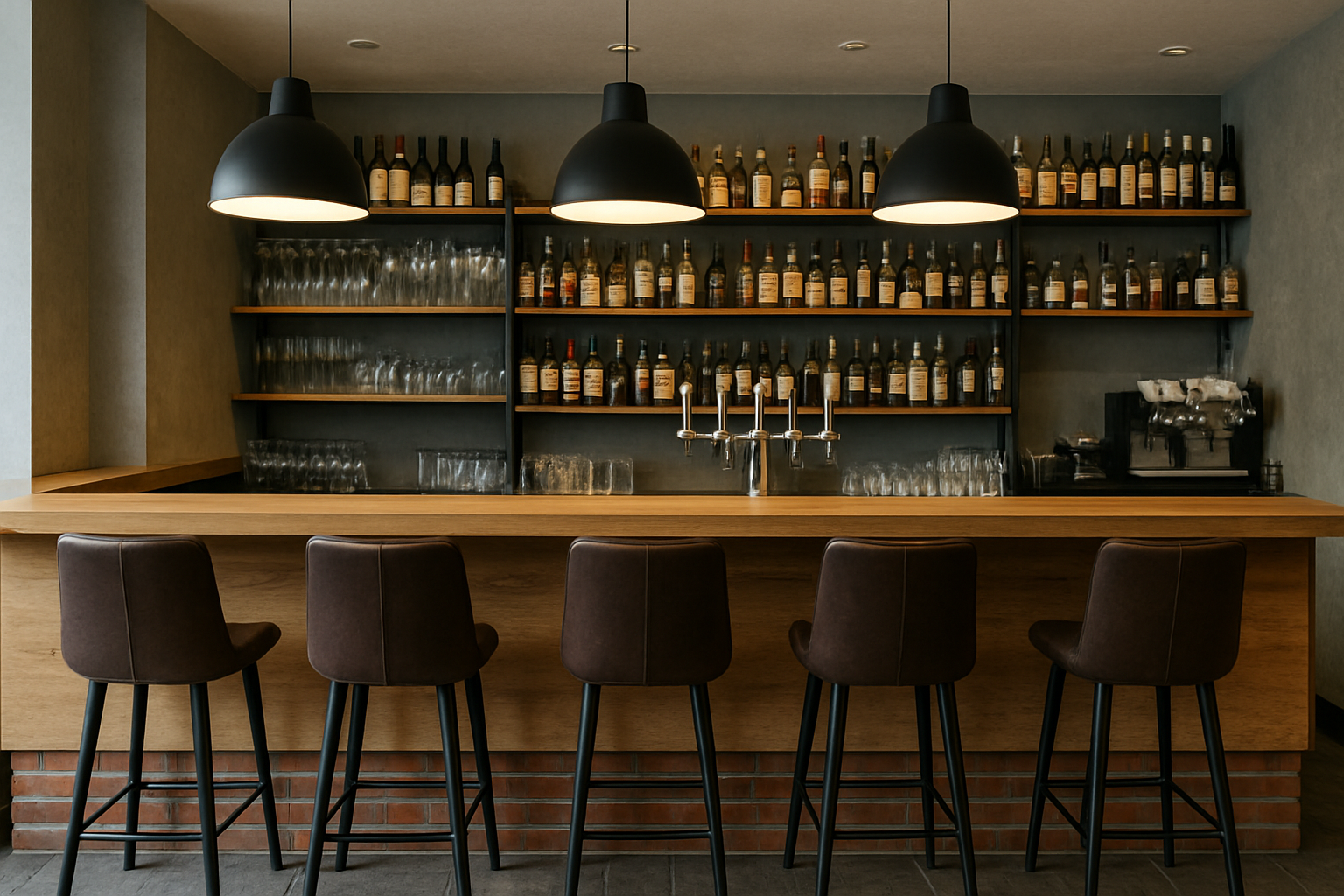 Een moderne bar met een houten toonbank op standaardhoogte van een bar, vijf bruine barkrukken, twee hangende zwarte lampen, planken met flessen en glazen en een koffiezetapparaat rechts. De algehele sfeer is warm en uitnodigend.