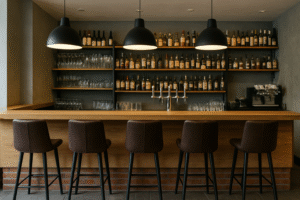 Een moderne bar met vier bruine barkrukken op de standaardhoogte van een bar, drie grote zwarte hanglampen erboven, planken met flessen en glaswerk en een koffiezetapparaat aan de rechterkant van de houten toonbank.
