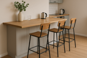 Een moderne keuken heeft een houten ontbijtbar op de standaardhoogte van een barblad met drie hoge stoelen, een vaas met groene bladeren, een glas water en een waterkoker op het aanrecht. Een lichte houten vloer en neutrale muren maken de ruimte compleet.