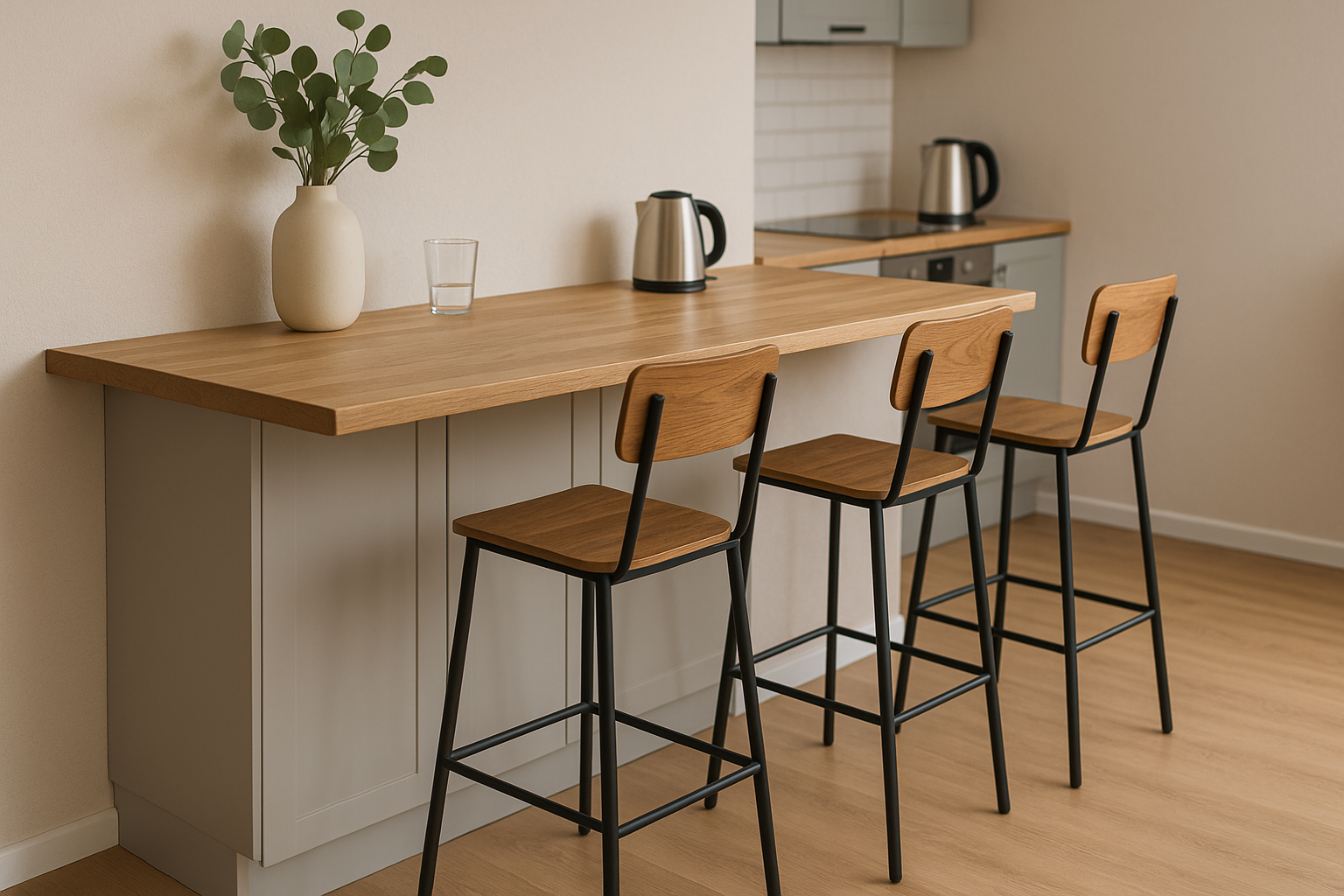 Een moderne keuken heeft een houten ontbijtbar op de standaardhoogte van een barblad met drie hoge stoelen, een vaas met groene bladeren, een glas water en een waterkoker op het aanrecht. Een lichte houten vloer en neutrale muren maken de ruimte compleet.