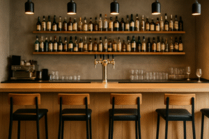 Een moderne bar met typische barhoogte houten krukken, een lichthouten toonbank, planken met drankflessen, hanglampen en een tap in het midden. Het glaswerk staat netjes gerangschikt op het aanrecht.