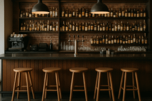 Een gezellige bar met vier houten krukken op een toonbank van typische hoogte van een bar, planken vol flessen erachter, een koffiezetapparaat links en twee grote hanglampen die erboven hangen.