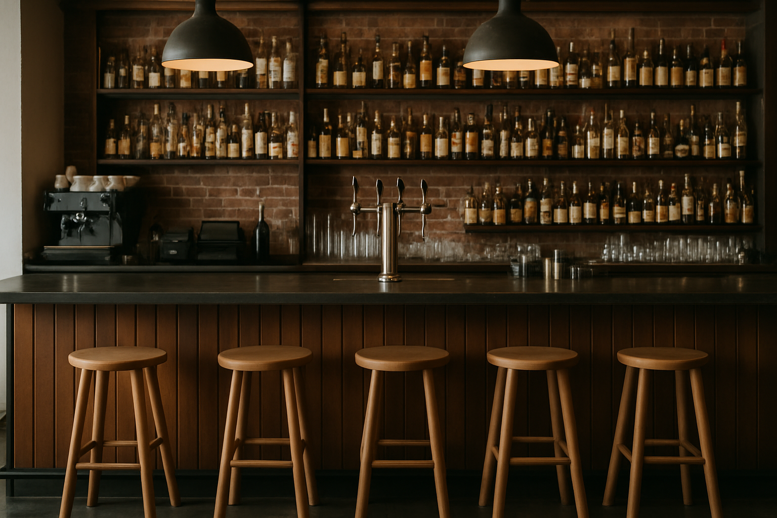 Een gezellige bar met vier houten krukken op een toonbank van typische hoogte van een bar, planken vol flessen erachter, een koffiezetapparaat links en twee grote hanglampen die erboven hangen.