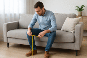 Een man zit op een grijze bank en meet geconcentreerd met een geel meetlint de comfortabele zithoogte van de zitting tot de vloer. De kamer is licht met een minimalistische inrichting en een kussen naast hem.