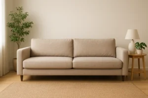 Een beige bank, een goede bank voor je vloerkleed, staat op een geweven vloerkleed in een minimalistische woonkamer. Links staat een kamerplant en rechts een rond houten bijzettafeltje met lamp en plantje. De wand en het decor zijn in neutrale tinten.