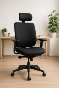 Een zwarte ergonomische goede bureaustoel volgens experts, met verstelbare armleuningen en hoofdsteun, staat op een houten vloer voor een licht houten bureau. Op de achtergrond staan kamerplanten tegen een witte muur.