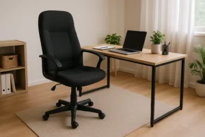 Een modern thuiskantoor heeft een goede bureaustoel in zwart op een beige vloerkleed, een houten bureau met een laptop, notitieblok, pennenhouder en twee potplanten, met planken en een zonnig raam op de achtergrond.