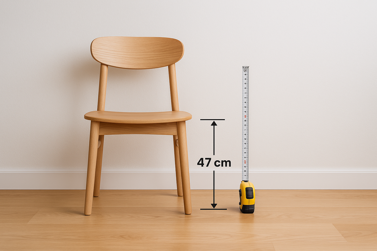 Een houten stoel staat naast een meetlint met een hoogte van 47 cm vanaf de vloer-de goede zithoogte voor een stoel. Beide zitten op een lichte houten vloer tegen een witte muur, met een pijl en tekst die de meting markeren.