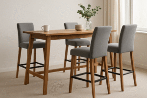 Een moderne eethoek met een houten tafel van hoge zithoogte, vier grijs gestoffeerde stoelen, een witte mok, twee gestapelde kommen en een glazen vaas met groen, tegen een lichtgekleurde muur en een raam met transparante gordijnen.