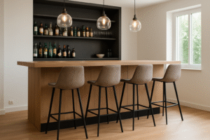 Een moderne huisbar met normale barhoogte heeft een houten toonbank, vier bruine barkrukken, hangende glazen hanglampen en planken met flessen en glazen. Een groot raam zorgt voor natuurlijk licht.