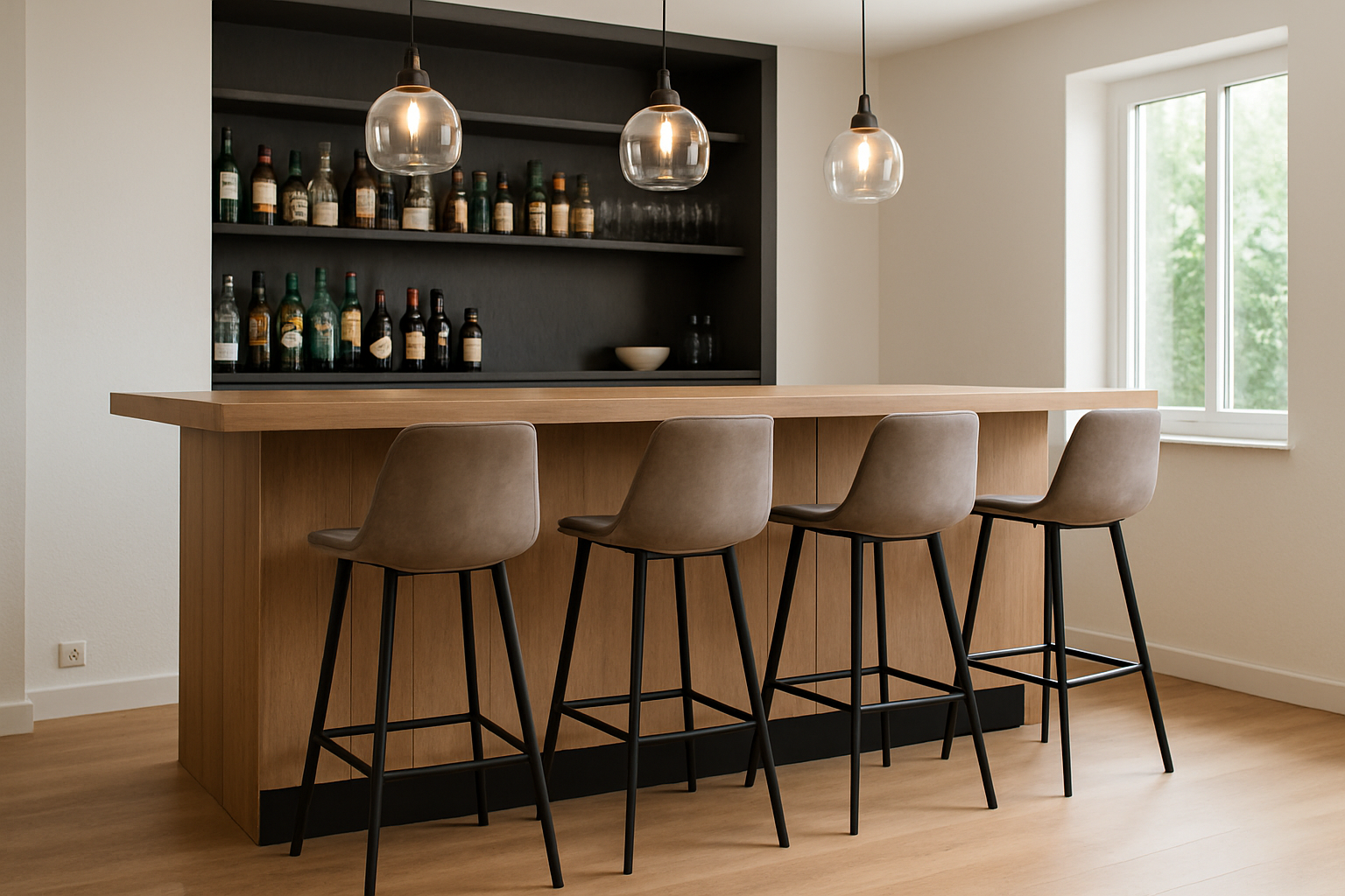 Een moderne huisbar met normale barhoogte heeft een houten toonbank, vier bruine barkrukken, hangende glazen hanglampen en planken met flessen en glazen. Een groot raam zorgt voor natuurlijk licht.