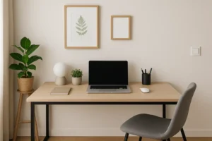 Minimalistische werkplek met een laptop, notitieblok, potplanten, lamp en schrijfgerei op een licht houten bureau. Het beste bureau voor thuiswerken wordt gecombineerd met een stoel en ingelijste botanische kunst voor een strakke, georganiseerde omgeving.