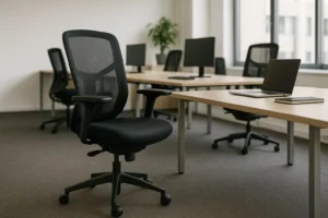 Een modern kantoor met lege zwarte bureaustoelen op een kantoor, houten bureaus, computerschermen, een laptop en een notebook. Grote ramen laten natuurlijk licht binnen, met een potplant op de achtergrond.