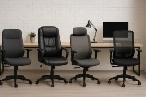 Vier van de beste bureaustoelen staan op een rij voor een houten bureau met een computer, lamp, plant en boeken, tegen een witte bakstenen muur in een moderne kantooromgeving.