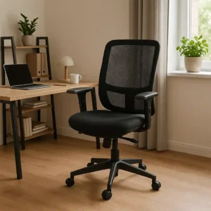 Een moderne zwarte bureaustoel van gaas, een van de beste bureaustoelen voor thuiswerken, staat op een houten vloer in een thuiskantoor. Vlakbij staan een laptop, lamp en decor op een houten bureau. Een plant staat op de vensterbank bij beige gordijnen.