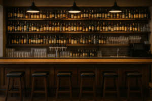 Een warme, schemerig verlichte bar met houten krukken op een rij aan een toonbank van wat zijn de standaard afmetingen. Achter de bar staan planken met talloze flessen drank en glaswerk, allemaal zacht verlicht door drie lampen aan het plafond.
