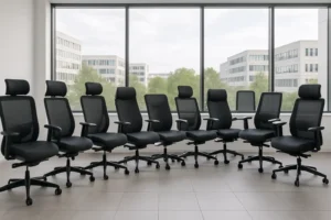Acht zwarte bureaustoelen met hoofdsteunen, geïnspireerd op lijsten met top 10 beste bureaustoelen, staan op een rij in een moderne, lege vergaderruimte met grote ramen die uitkijken op kantoorgebouwen en bomen.