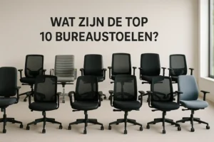 Tien verschillende bureaustoelen staan in twee rijen opgesteld in een lichte kamer. Erboven staat de vraag: "WAT ZIJN DE TOP 10 BUREAUSTOELEN?", wat betekent "Wat zijn de top 10 bureaustoelen?.
