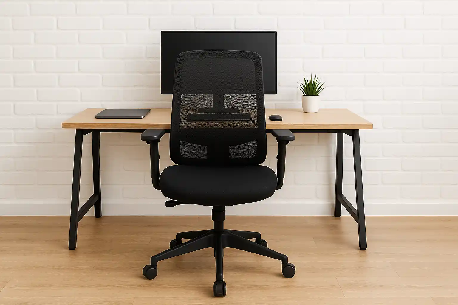 Een modern thuiskantoor met een zwart gazen bureaustoel is goed, tegenover een houten bureau. Op het bureau staan een monitor, een gesloten laptop, een muis en een kleine potplant, allemaal tegen een witte bakstenen muur.