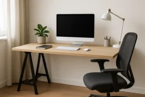 Een minimalistisch thuiskantoor met een houten bureau, computermonitor, lamp, plant en notitieblok. Een ergonomische stoel gebruikt u in uw thuiskantoor staat voor het bureau, naast een raam met witte gordijnen.