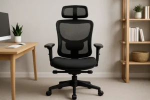 Een zwarte ergonomische bureaustoel met een netrugleuning, hoofdsteun en verstelbare armleuningen staat in een modern thuiskantoor - een voorbeeld van welk type stoel het beste is tegen rugpijn - met een houten bureau, een plant en planken met boeken en manden.