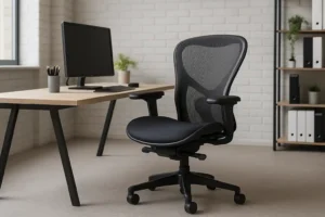 Een moderne zwarte ergonomische bureaustoel, beste voor kantoorwerk, staat naast een houten bureau met een computermonitor, toetsenbord en pennenhouder in een licht kantoor aan huis met witte bakstenen muren en planken.