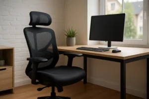 Een modern thuiskantoor met een zwarte bureaustoel die goed is voor je vloerkleed, een computermonitor, toetsenbord en muis op een houten bureau, plus een plant in potten en een raam dat natuurlijk licht binnenlaat.