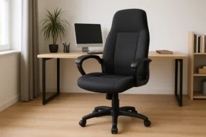 Een zwarte ergonomische bureaustoel is goed voor je vloerkleed, met armleuningen, zit voor een houten bureau met een computer, boeken en een potplant in een licht, modern thuiskantoor met houten vloer.