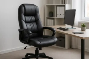 Een moderne kantooropstelling met een zwartleren bureaustoel, beste getest door de consumentenbond, voor een houten bureau met een computermonitor, toetsenbord, muis, smartphone en potplant. Planken met ordners en planten staan op de achtergrond.