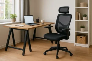 Een modern thuiskantoor met een houten bureau, een zwarte bureaustoel voor thuiswerken, een laptop, notitieblok, kopje en muis. Een raam met lichte gordijnen en een witte plank met manden en decor staan op de achtergrond.