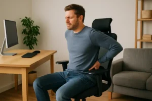 Een man in een bureaustoel houdt zijn onderrug pijnlijk vast, terwijl hij zich afvraagt wat het beste voor mijn vloerkleed is. Hij zit in een kantoor aan huis met een bureau, computer en een grijze bank zichtbaar op de achtergrond.