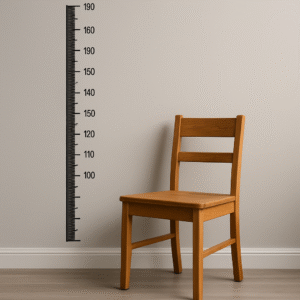 Een houten stoel staat op een houten vloer naast een muur met een grote, zwarte lengtemaatverdeling van 100 tot 190 centimeter, perfect om zithoogte bij welke lengte te controleren.