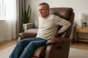 Een oudere man zit in een bruine fauteuil, terwijl hij zijn onderrug vasthoudt en pijn lijdt. Hij draagt een lichte trui en een spijkerbroek en zit in een lichte kamer met een plant, een fauteuil en een bijzettafeltje - op zoek naar iets goeds voor rugklachten.