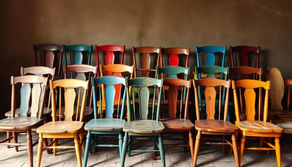 oude houten stoelen in kleurrijke uitstraling oude houten stoelen in kleurrijke uitstraling