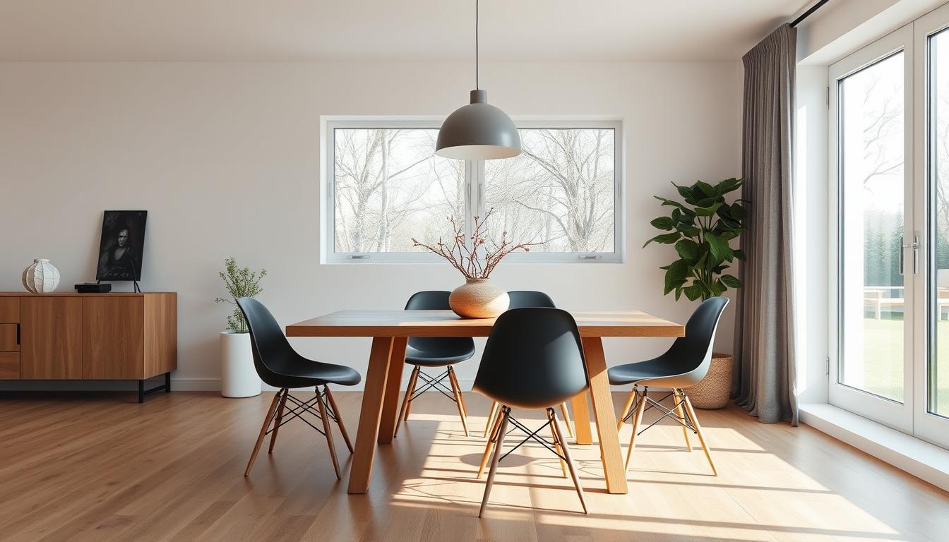 Moderne eetkamer met houten tafel en designstoelen