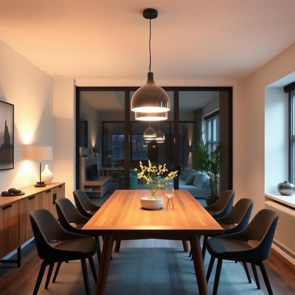 Moderne eetkamer met stijlvolle hanglamp boven de tafel
