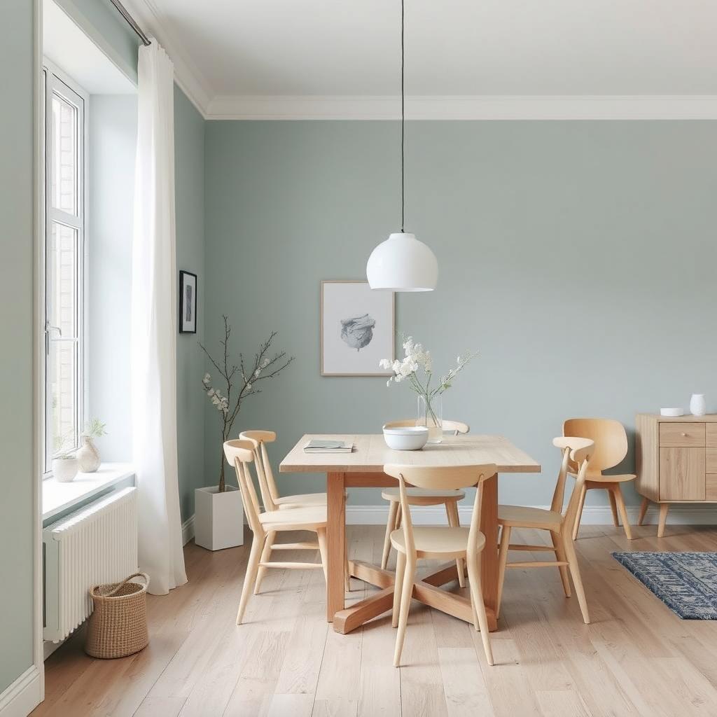Serene eetkamer met zachte blauwe en groene tinten