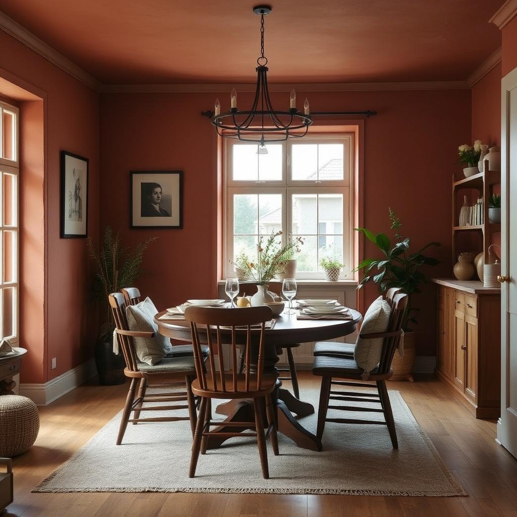 Warme eetkamer met terracotta en houttinten