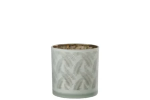 De Kaarsenhouder Orkaan Blad Glas Wit Groen is een grote matglazen kandelaar met een subtiel groen varenbladmotief en een metallic gouden binnenkant, afgebeeld op een effen witte achtergrond.