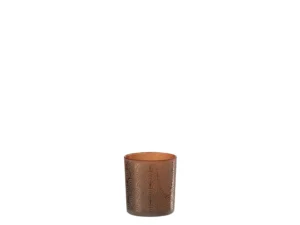 Theelichthouder Boog Glas Oranje Klein-een kleine kandelaar van oranje glas met een art deco sint-jakobsschelpmotief op een effen witte achtergrond.