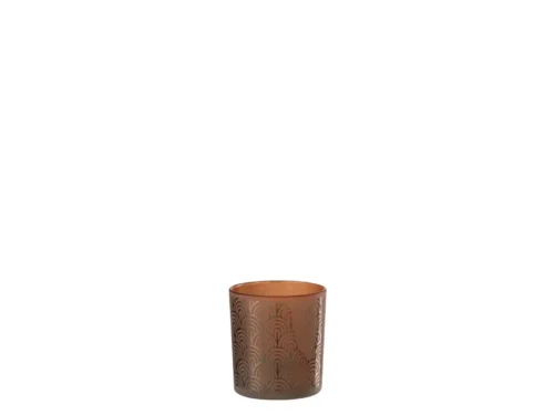 Theelichthouder Boog Glas Oranje Klein-een kleine kandelaar van oranje glas met een art deco sint-jakobsschelpmotief op een effen witte achtergrond.