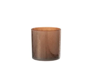 De Kaarsenhouder Orkaan Arc Glas Oranje Groot is een bronskleurige glazen kandelaar met een art deco geïnspireerd repeterend waaierpatroon tegen een effen witte achtergrond.