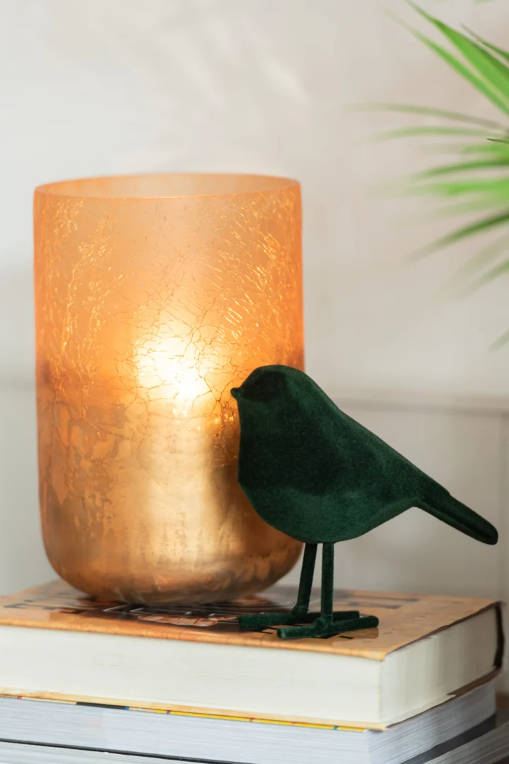De Kaarsenhouder Orkaan Streep Glas Goud Oker Groot zit bovenop twee gestapelde boeken naast een klein groen vogelbeeldje, met rechts een deel van een groene plant.