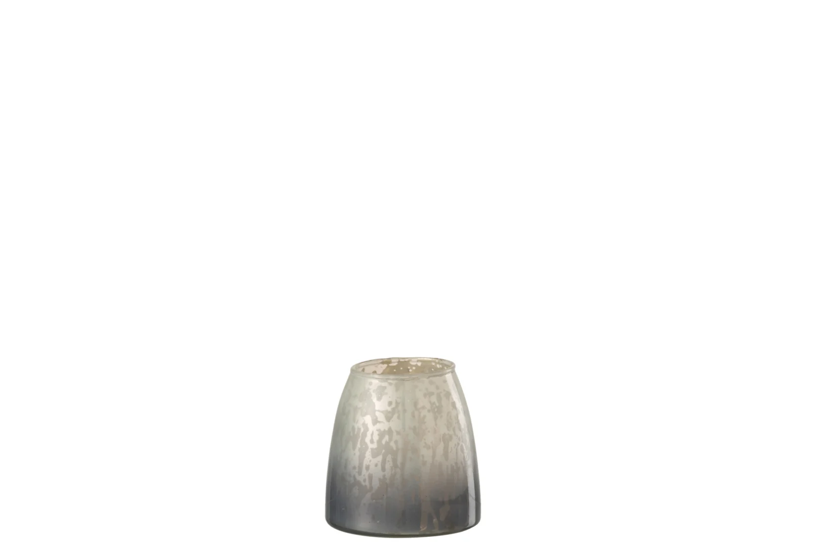Theelichthouder Melkglas Grijs Klein: een kleine, ronde theelichthouder van grijs glas met een gevlekte, semi-transparante afwerking, afgebeeld tegen een effen witte achtergrond.