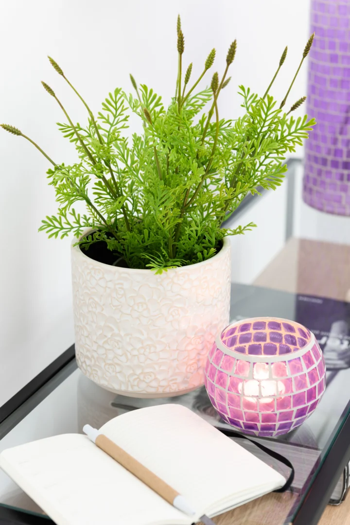 Een potplant met vederlichte groene bladeren staat op een glazen tafel naast de Theelichthouder Mozaïek Rond Glas Paars Klein en een open notitieboekje met een pen.